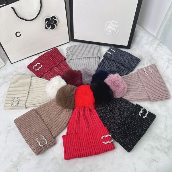 Designer-Luxus-Strickmütze für den Winter, große Haarball-Mütze mit Strasssteinen und achtfarbiger Kaschmir-Wollmütze
