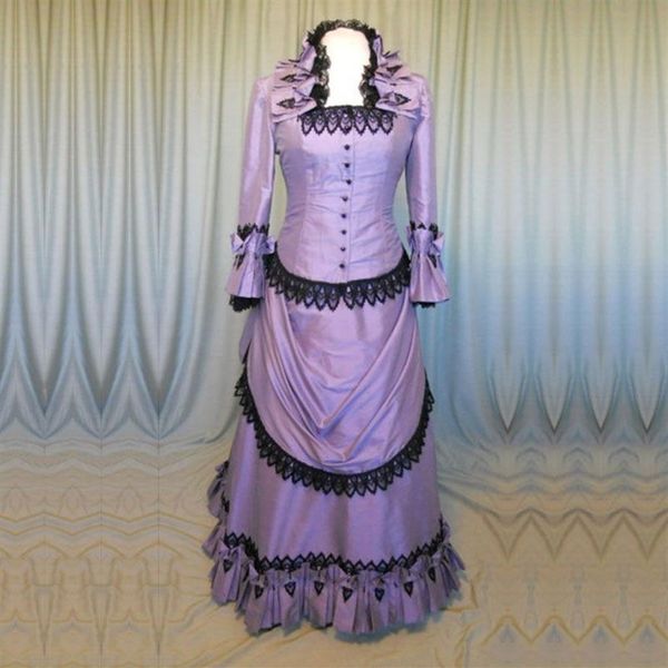 2021 algodão roxo gótico vitoriano vestidos de festa de aniversário banquete vestido de agitação do século 18 rendas babados mangas compridas Marie Antoi279y