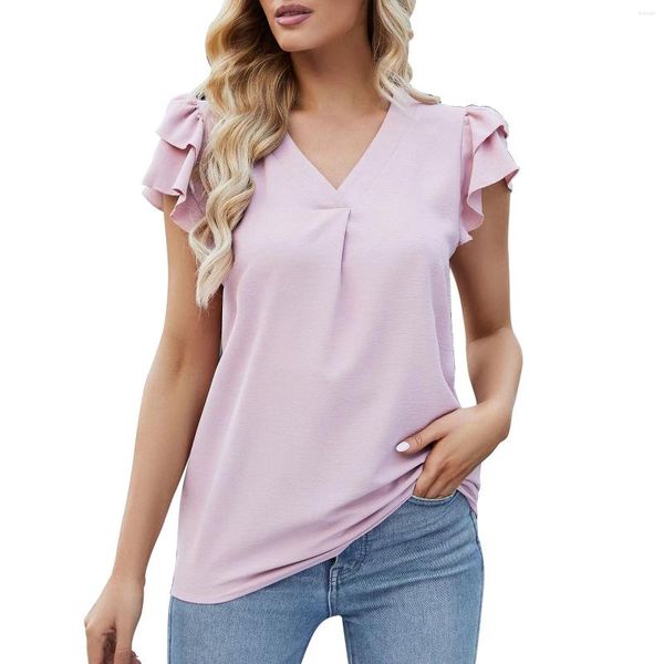 Camicette da donna Tinta unita Volant Strato Camicetta con maniche volanti Top in chiffon casual Top femminili Camicie larghe con scollo a V Blusa Mujer