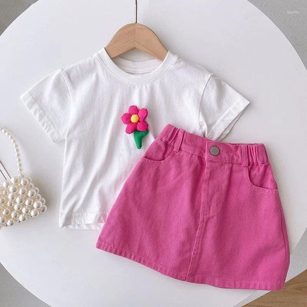 Conjuntos de roupas verão rosa meninas crianças conjunto dois 2 peça t camisa saias roupas de bebê crianças roupas de aniversário para mulher