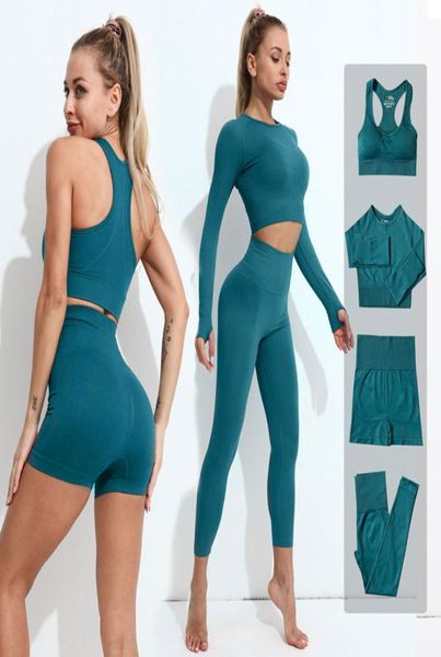 Ternos esportivos usar roupas de yoga mulheres roupas de treino senhoras roupas de exercício manga longa colheita topos correndo calças sem costura legging7636251