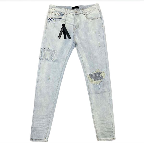 Amirs designer Mens Jeans roxo jeans High Street Hole Star Patch calça skinny slim hole calças jeans botão fly wash amirs star calças destruídas calças slim-fit calças