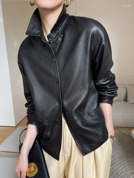 Frauen Leder Schwarz Natürliche Schaffell Mantel Frauen Einfache Art Und Weise Hemd Kragen einreiher Kurze Casual Echte Jacke Mujer