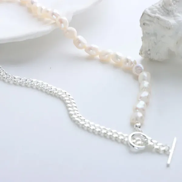 Girocollo Minar Collane con perline di perle d'acqua dolce di alta qualità per donna Cerchio con chiusura a levetta larga in rame placcato argento