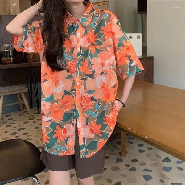 Camicette da donna EBAIHUI Camicia stampata Camicetta stile coreano retrò per il tempo libero Camicetta estiva hawaiana a maniche corte allentata Coppia Blusas