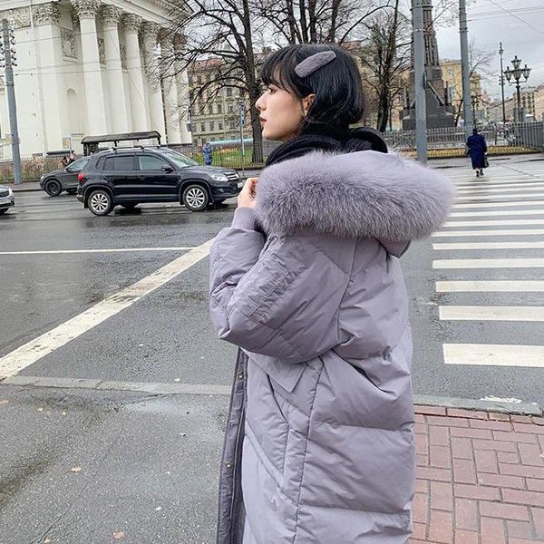 Trench da donna Giacca da donna Parka Cappotto viola sopra il ginocchio Lungo piumino invernale Collo in pelliccia Cotone Veste Femme