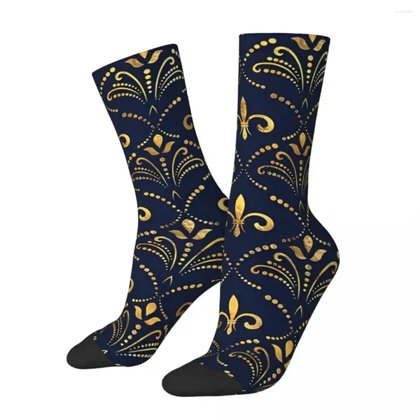 Erkek Çorap Zarif Desen Altın ve Derin Blue Fleur de Lis Yürüyüş 3D Baskı Erkek Kızlar Orta Kalf Çorap