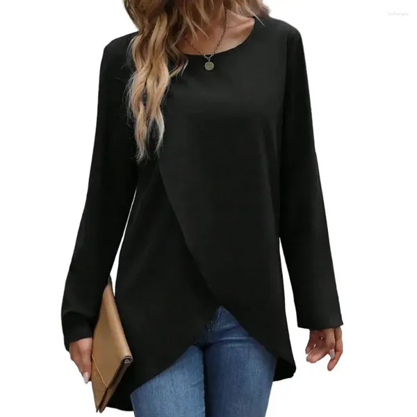 Женские блузки с нерегулярным краем, женский топ, пуловер, модная футболка с мягкой текстурой, круглая шея, длинная