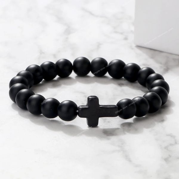 Fascino Bracciale in pietra naturale Croce Nero Lava Opaco Braccialetti con perline Fatti a mano Uomo Donna Preghiera Fitness Catena Coppia Gioielli Regalo Gioielli di modaBracciali croce