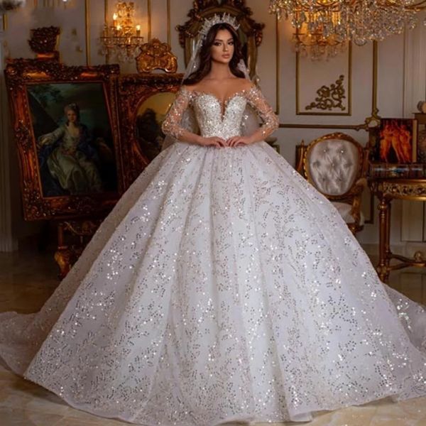 Abito da ballo Royal Arabo Dubai Abito da sposa 2024 Sweetheart Manica lunga Robe De Mariee Pizzo Paillettes Glitter Abiti da sposa Lusso Vestido De Novia