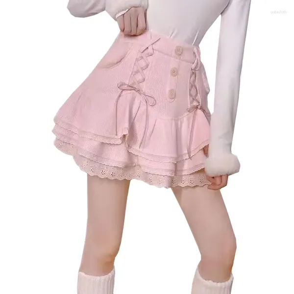 Röcke Mode Japanische Kawaii Mini Kuchen Rock Frauen Casual Bandage Lolita Sexy Hohe Taille Spitze Y2k Ästhetische Süße Gothic Faldas