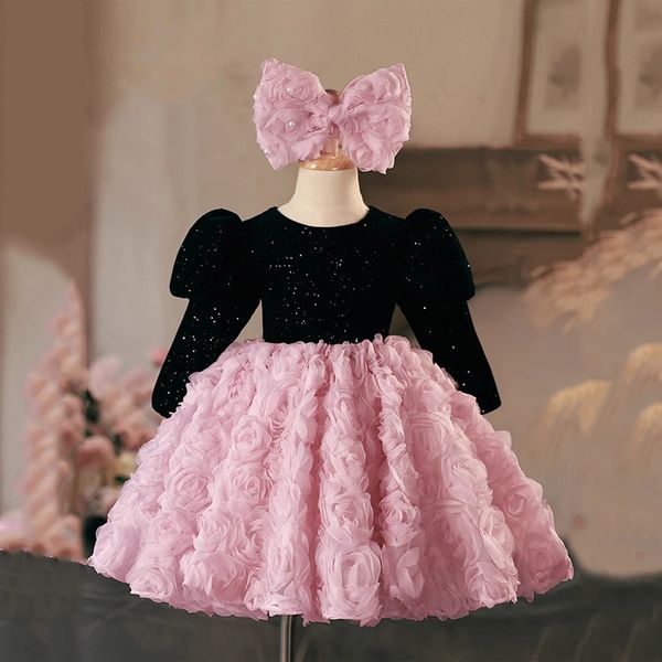 Vestidos de menina de flor preta rosa para casamento D Flores de rosa Lace Aplique as saias camadas de camadas de meninas vestidos de concurso de pombo -de -bordado Primeiro vestidos de comunhão da Santa Comunhão