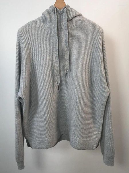 Kadın Sweaters 2023 Sonbahar Gri Drawstring Kapşonlu Örgü Krop Boncuklu Dekor Gevşek Bayanlar Kaşmir Örme Örtü Hoodie Sweater