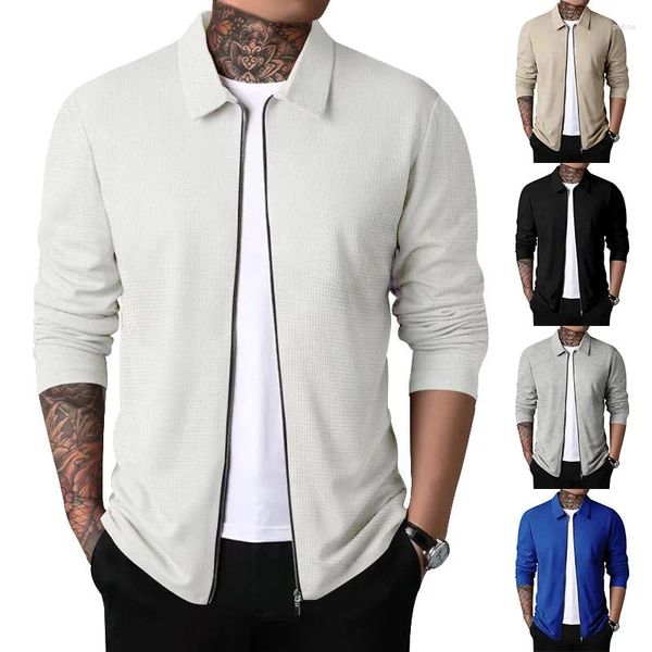 Jaquetas masculinas 2023 jaqueta cardigan roupas outono moda com zíper casacos casuais de manga comprida lapela waffle branco