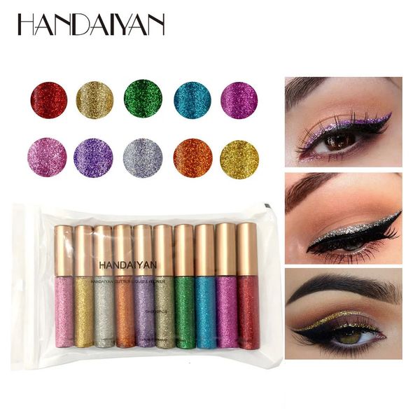 Combinazione ombretto/liner HANDAIYAN 10 colori/confezione Penna per eyeliner glitter Trucco Colore brillante Matita per eyeliner Liquid Diamond Sparkle Penna per eyeliner bianca 231027