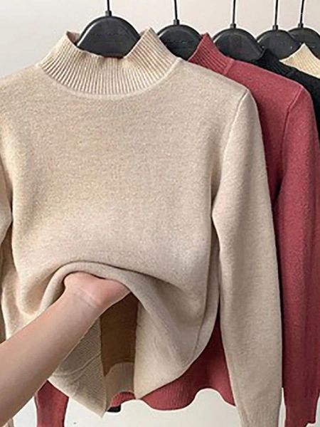 Damenpullover, halbhoher Kragen, Winterpullover, Damen, elegant, verdickt, mit Samt gefüttert, warm, Sueter-Strickpullover, schlanke Tops, Jersey-Strickwaren