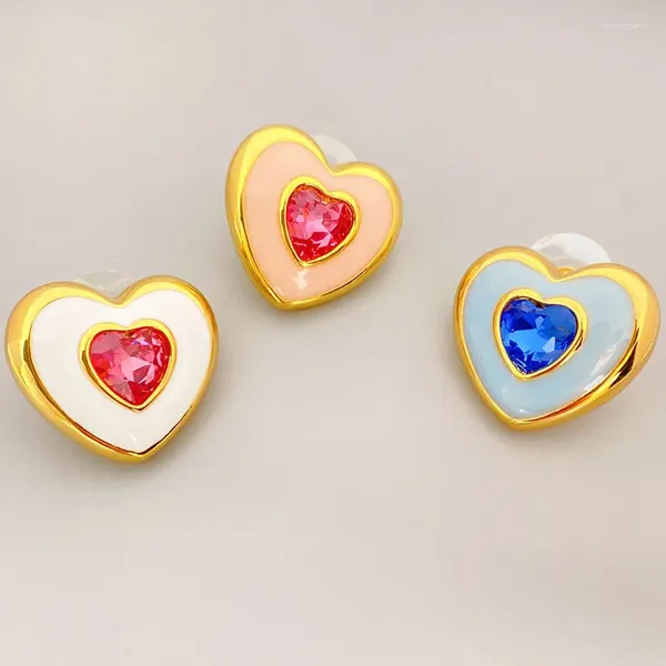 Brincos de argola de cobre dourado formato de coração brinco de design de luxo para mulheres moda joias decoração acessório rosa azul branco de alta qualidade