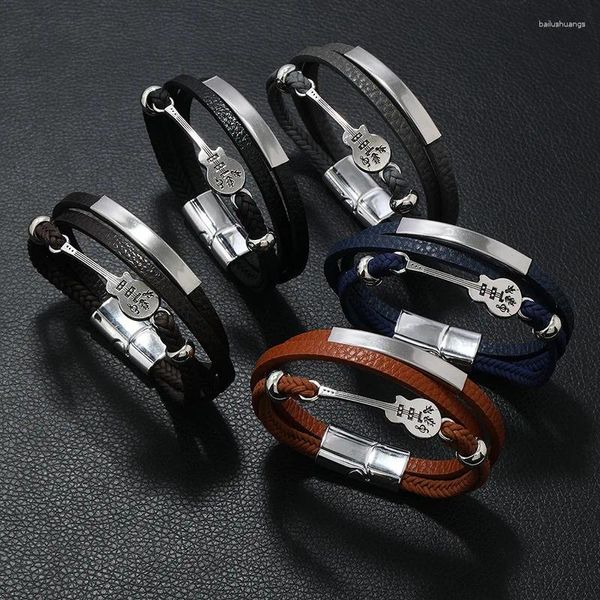 Armreif, modisches Design, Musik-Gitarre, mehrschichtiges Leder-Webarmband, Herren-Persönlichkeits-Charm-Armband, Manschettenarmbänder, lässiger Schmuck