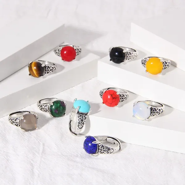 Anéis de cluster 12mm contas de pedra natural anel de dedo prata cor tigre olho ajustável colorido feminino reiki para mulheres jóias presente