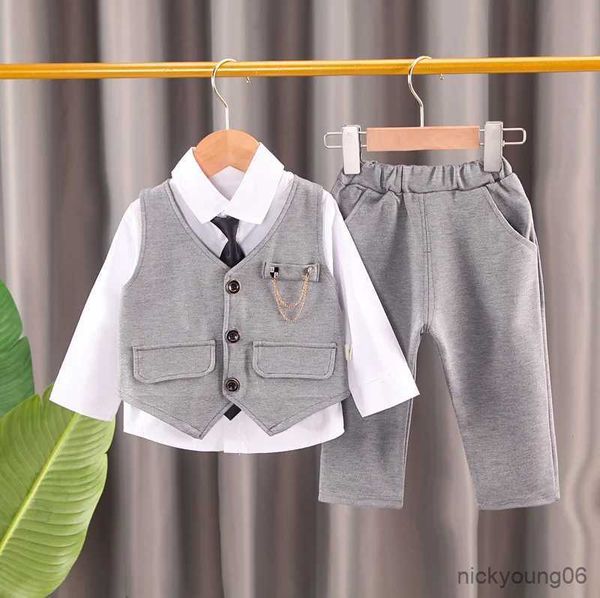 Conjuntos de roupas 2023 nova moda infantil desgaste bebê colete de corrente cavalheiro terno menino cor sólida colete gravata camisa de três peças noite formal R231028