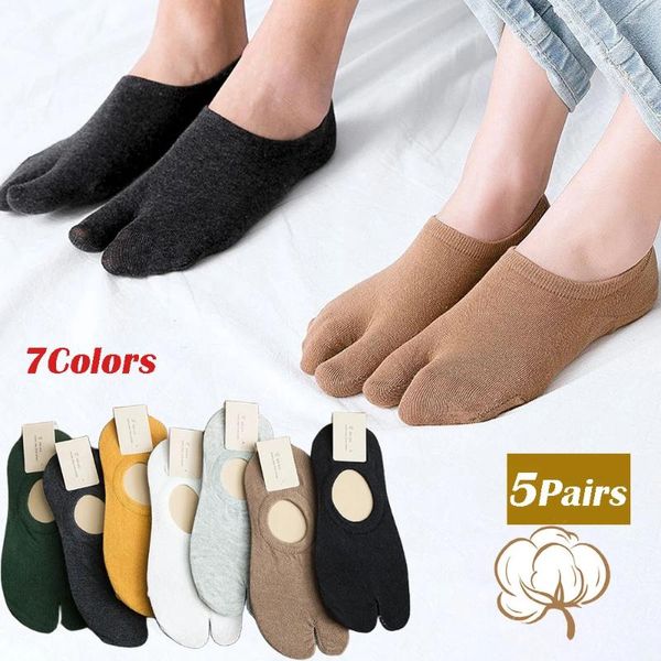 Calzini da uomo 5 paia Coppia Due dita Divise Barca Estate Cotone Solido Poco profondo Invisibile Silicone antiscivolo Sottile Basso Casual Sokken