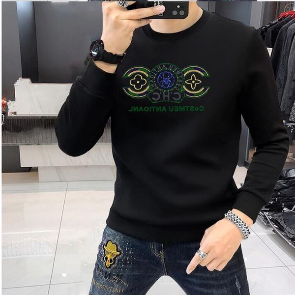 Inverno masculino manga comprida veludo quente hoodies suéteres de pelúcia camiseta masculina underlay meninos diamantes quentes processo pesado moda homem preto roupas com capuz