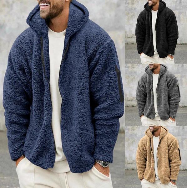 Hoodies masculinos 2023 velo casacos com capuz outono inverno vintage zip com capuz jaqueta sólida quente camisolas preto azul topos