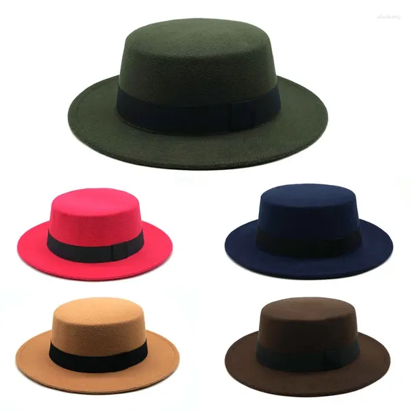 Berets Black Ribbon Wide Brim Fedora Hat Flat Top Chapéus para Mulheres Sentiu Retro Estilo Britânico Outono Inverno Jazz Cap Feminino