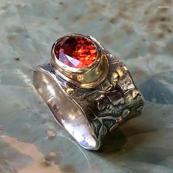 Fedi nuziali Anello esagerato creativo bohémien vintage Colore argento intarsiato pietra rossa ovale per regalo di gioielli di personalità femminile