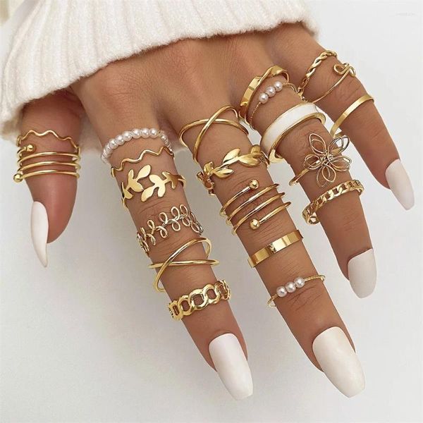 Cluster Ringe Vintage Hohle Blume Blätter Set Für Frauen Metall Gold Farbe Geometrische Kreuz Ring Trendy Schmuck