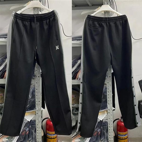 Calças masculinas 2023ss agulhas pretas pista homens mulheres único breasted sweatpants borboleta listra calças y2k