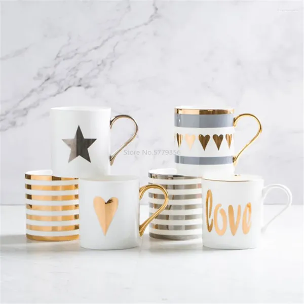 Canecas Creative Cerâmica Caneca de Leite Amor Star Stripe Padrão Chapeamento de Ouro Lidar com Copo Escritório Casa Café Chá Decoração de Casa