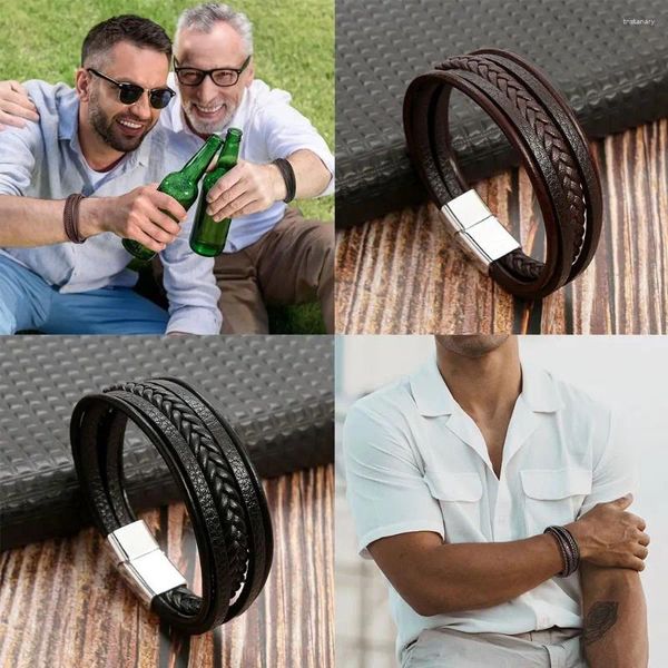 Charme pulseiras pulseira para homem couro mulheres unisex manguito envoltório marrom preto multi-camada fecho magnético corda pulseira