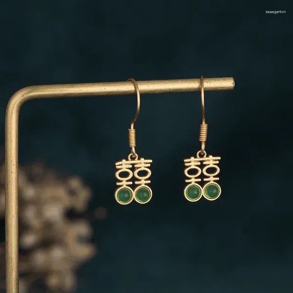 Ohrstecker Retro Vergoldet Doppeltes Glück Für Frauen Hohles Design Eingelegte Antike Jade Weibliche Baumeln Ohrring Schönes Geschenk