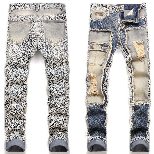 Yeni gelenler Erkek yırtılmış denim pantolon sıska fit ince streç erkekler mavi jean pantolonlar patchwork sıkıntılı kadın kot ağlar kumaş boyut 28-40