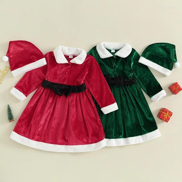 Mädchen Kleider Kleinkind Kleid Herbst Langarm Schleife Samt mit Weihnachtsmütze Baby Rot Weihnachtskostüm Säugling Erster Geburtstag Outfits