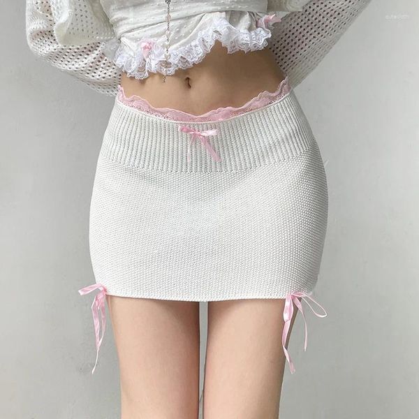 Röcke 2000er Jahre süße Mädchen gestrickte weiße Schleife Trim Fee Bleistift niedlich sexy Y2K Harajuku Lace Up Back Slit Bandage Mini