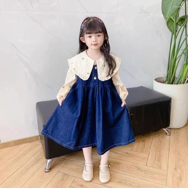 Vestidos de menina moda outono bebê meninas jeans azul sem mangas botão decorado retalhos plissados na altura do joelho crianças outwears