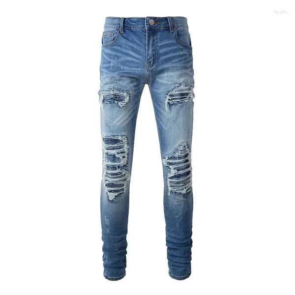 Jeans masculinos estilo europeu vintage azul masculino moto motociclista desgastado buraco remendado plissado magro ajuste lápis calças elásticas