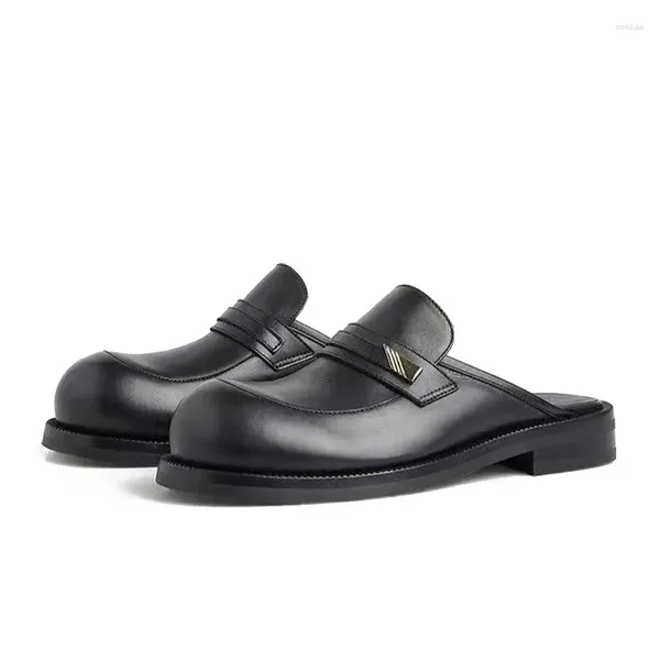 Chinelos de luxo homens casuais sapatos de couro metade vestido de negócios genuíno zapatos hombre designer slides 2a