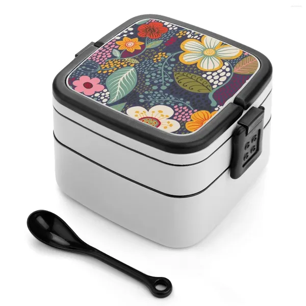 Stoviglie Bento Box pranzo quadrato a prova di perdite con scomparto floreale motivo floreale blu navy giallo