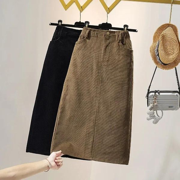 Saias Preto Khaki Corduroy Longo Elegante Cintura Alta Mulheres Primavera Outono Inverno Estilo Coreano Moda Harajuku Roupas F23