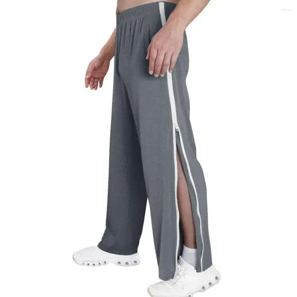 Calças masculinas Mid-Rise Homens Sweatpants Cintura Elástica Bolsos Splicing Cor Perna Larga Zíper Lateral Rasgar Basquete