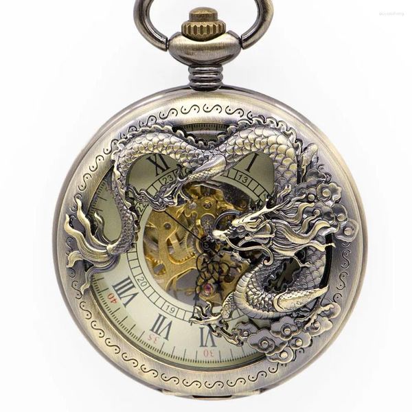 Карманные часы, 10 шт./лот, бронзовый дракон, римский полый корпус, механические с цепочкой, унисекс, часы-брелок, оптовая продажа