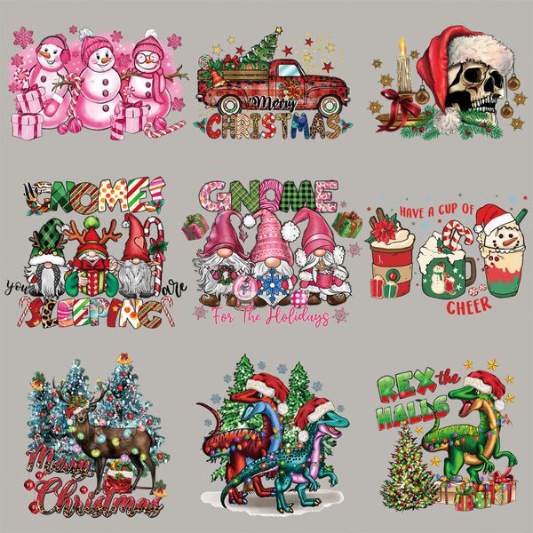 Adesivos de ferro em adesivos de transferência de calor de Natal Grande boneco de neve rosa Papai Noel Vinil para camisetas Roupas com capuz Travesseiro Suprimentos de artesanato DIY