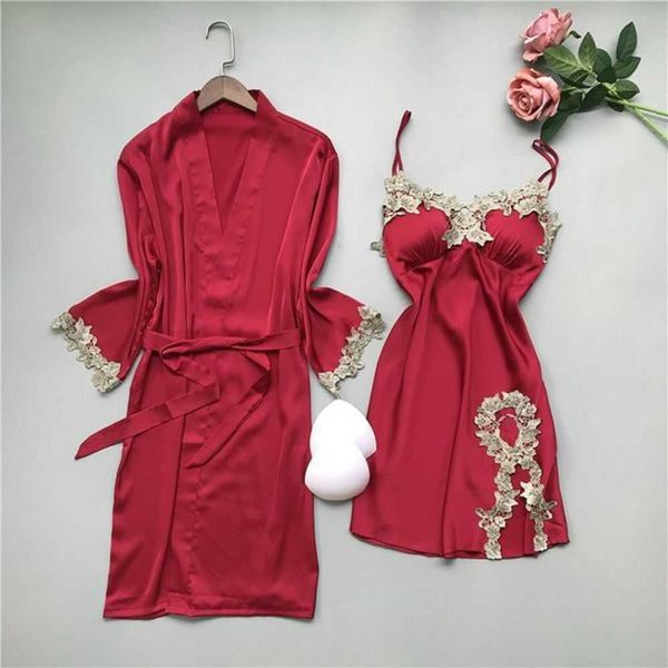 Casa roupas femininas sleepwear sexy pavão azul roupa interior pijamas cetim renda roupão de dormir robe para mulher setwomen'skw1p