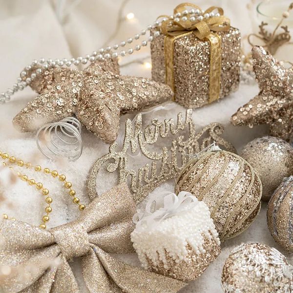 Decorazioni natalizie Palla di Natale Palla dipinta Golden Argenteo Champagne Glitter Stelle Albero di Natale Appeso Decorazione per finestra Piccoli regali Giocattoli 231027