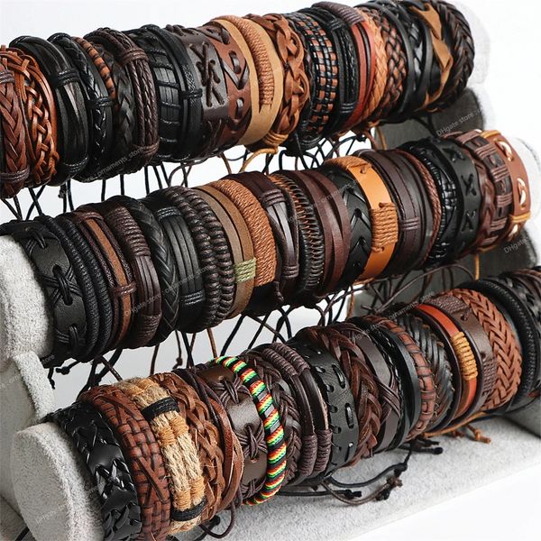 Großhandel mit 100 handgefertigten Vintage-Leder-Manschettenarmbändern für Damen und Herren, Mix-Stile, verstellbar, Party-Geschenke, Armreif, Schmuck, Modeschmuck, Armreifen aus ganzem Leder