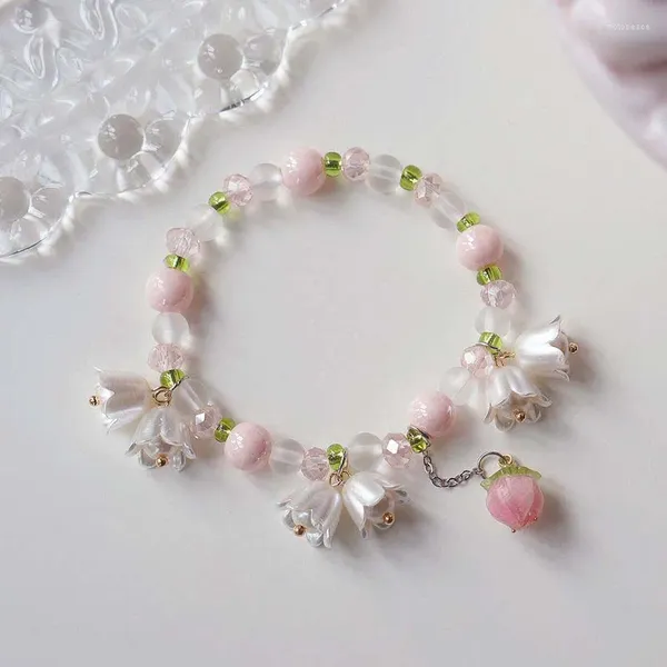 Braccialetti a maglie Bracciale vintage con fiori di giglio di perle di cristallo rosa dolce vintage per le donne Gioielli estetici con ciondolo a farfalla con nappa carina coreana