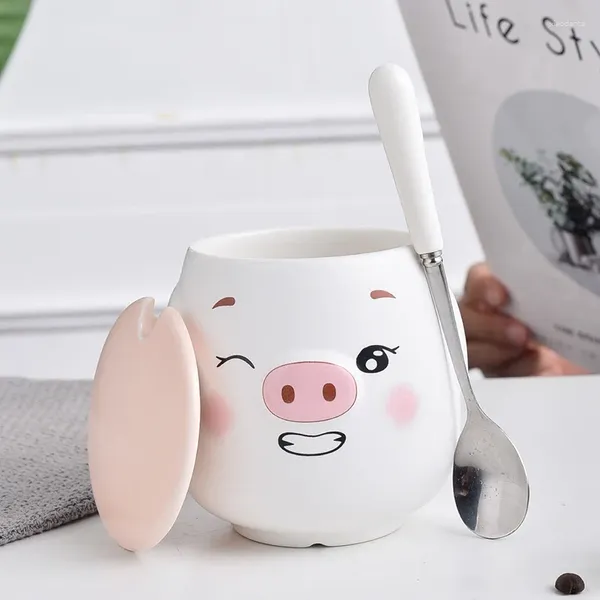 Kupalar neden 450ml yaratıcı sevimli domuz kupa kahve sütü su pembe kızın kalp karikatür seramik fincan kapaklı kaşık hediyeleri